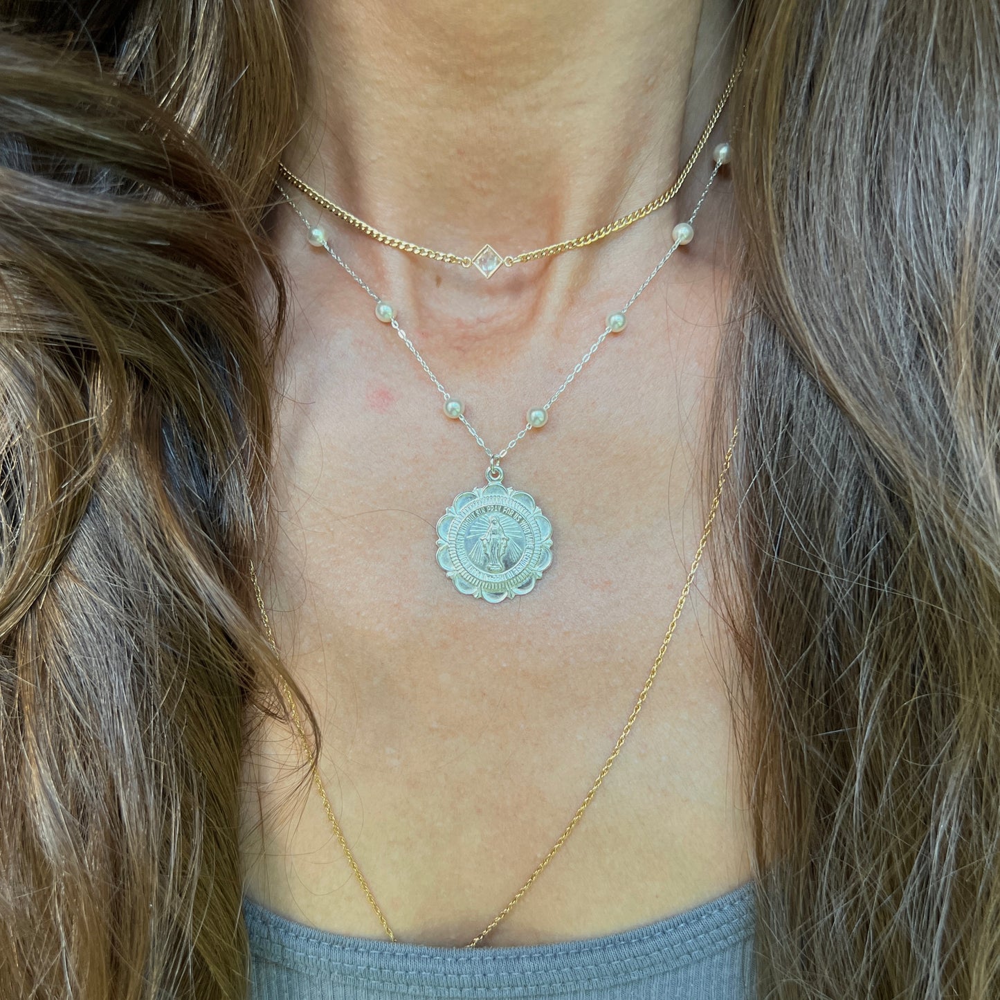 Scalloped Miraculous & Pearl Necklace- Sterling Silver
