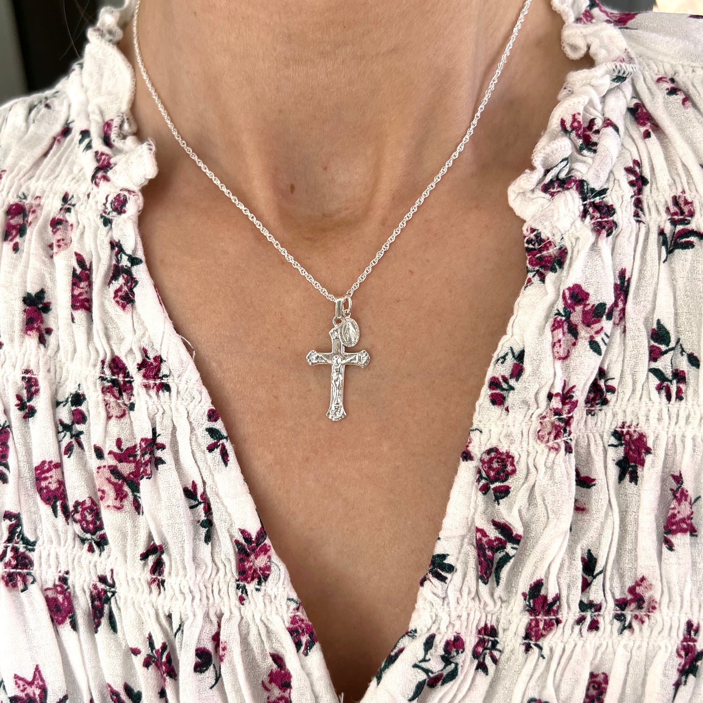 **CLEARANCE** Petite Crucifix & Miraculous Necklace- Sterling Silver