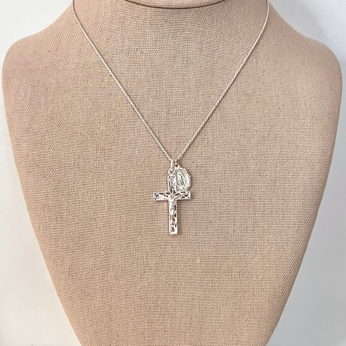 Fancy Crucifix & Miraculous Necklace - Sterling Silver