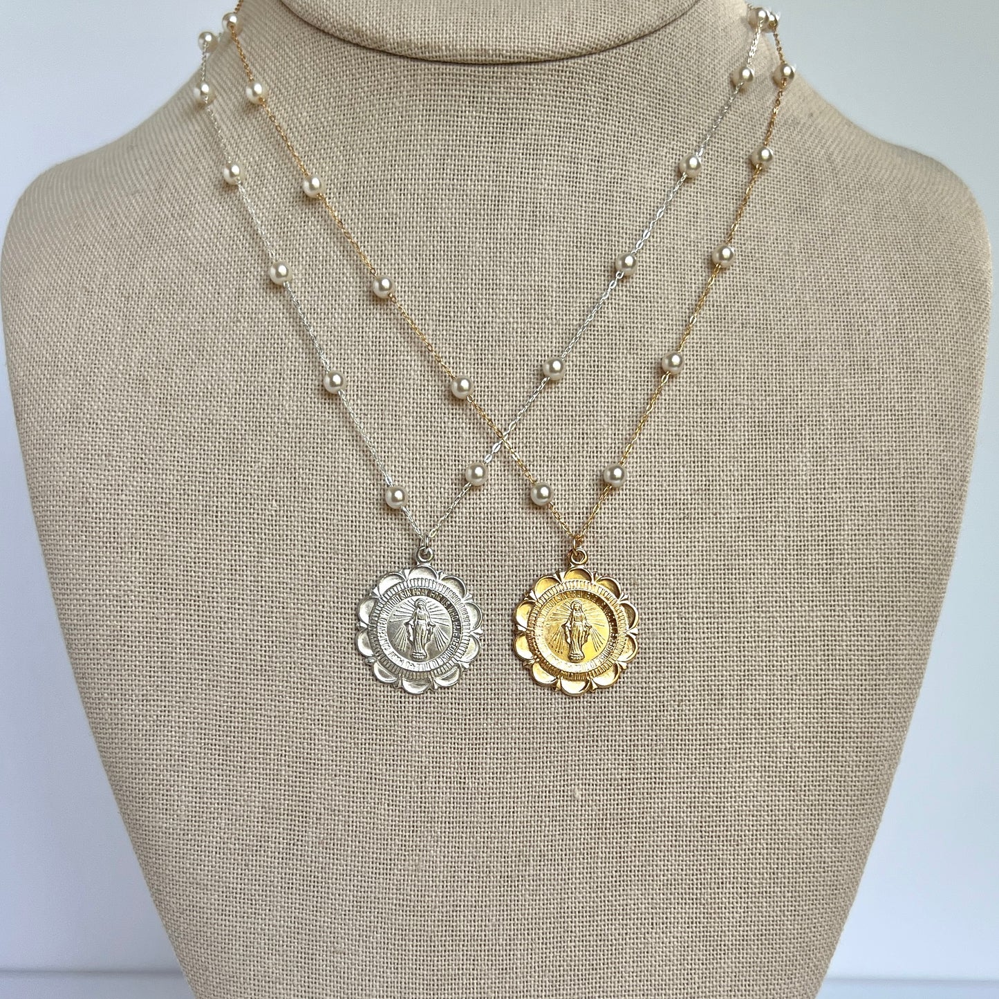 Scalloped Miraculous & Pearl Necklace- Sterling Silver