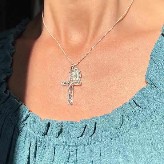 Fancy Crucifix & Miraculous Necklace - Sterling Silver