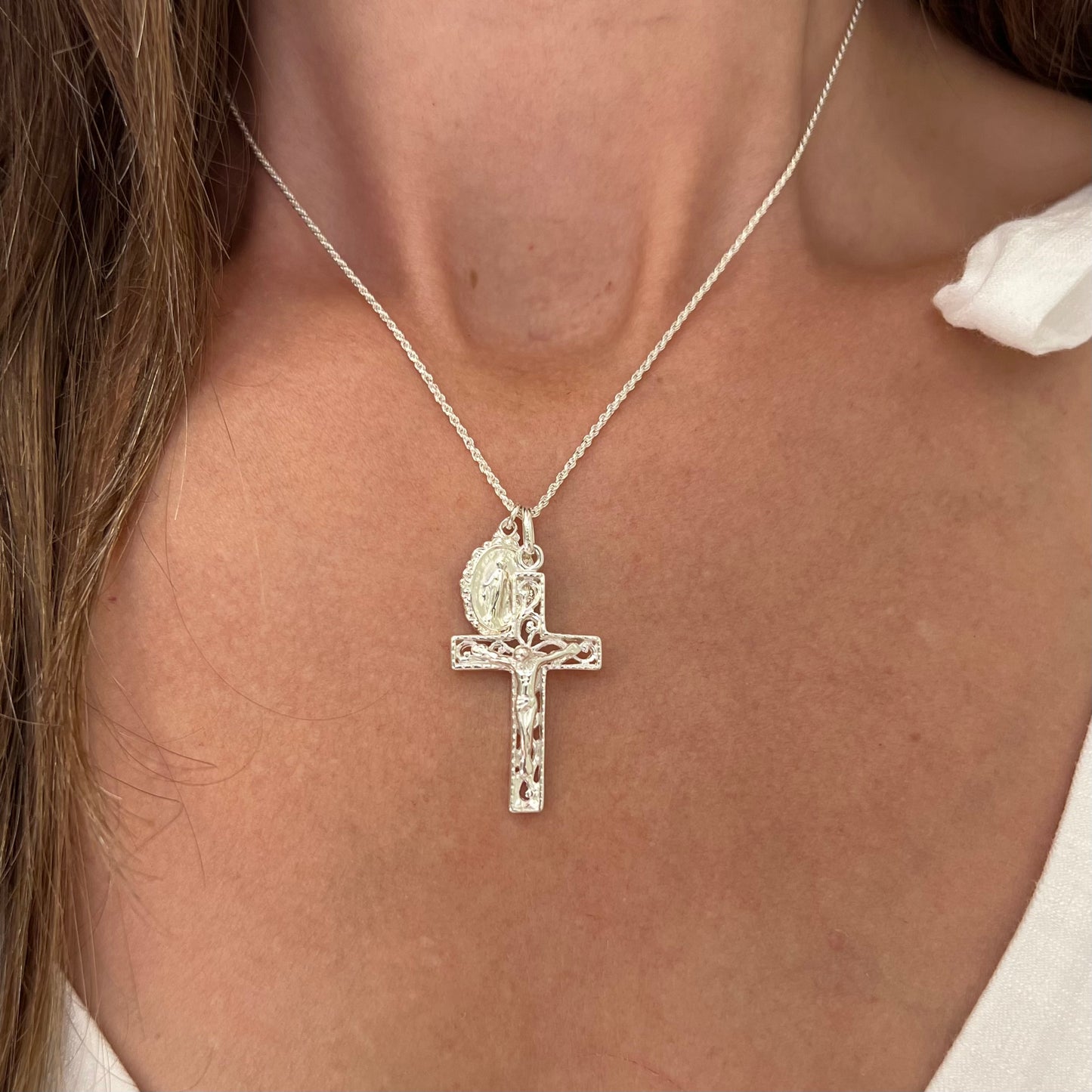 Fancy Crucifix & Miraculous Necklace - Sterling Silver