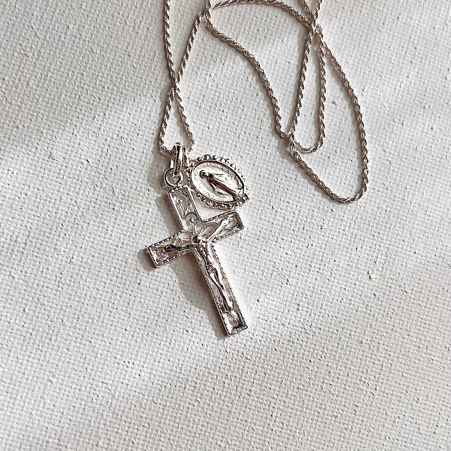 Fancy Crucifix & Miraculous Necklace - Sterling Silver