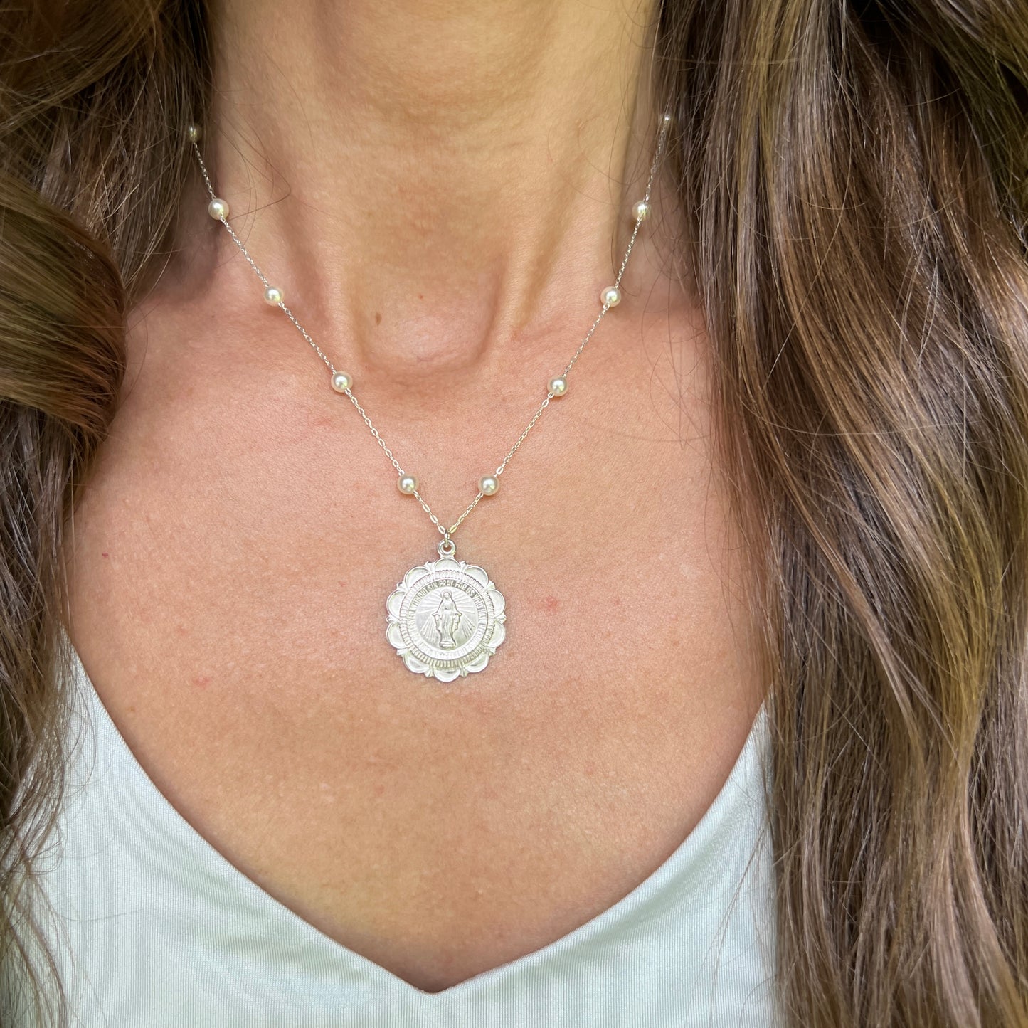 Scalloped Miraculous & Pearl Necklace- Sterling Silver