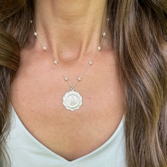 Scalloped Miraculous & Pearl Necklace- Sterling Silver