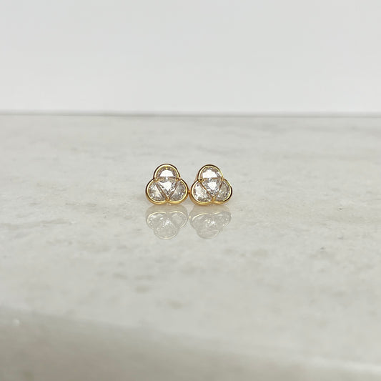 Three in one shaped triangular gold and cubic zirconia stud earrings, representing the Most Holy Trinity. 