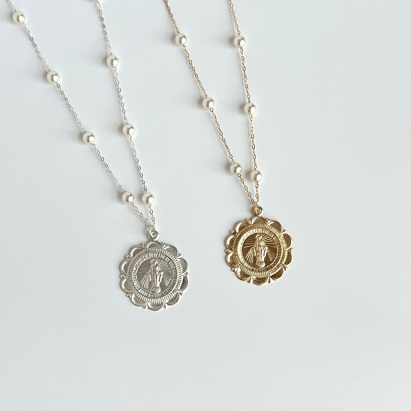 Scalloped Miraculous & Pearl Necklace- Sterling Silver