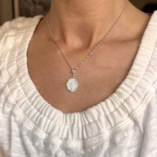 Saint Benedict Oval Necklace- Sterling Silver