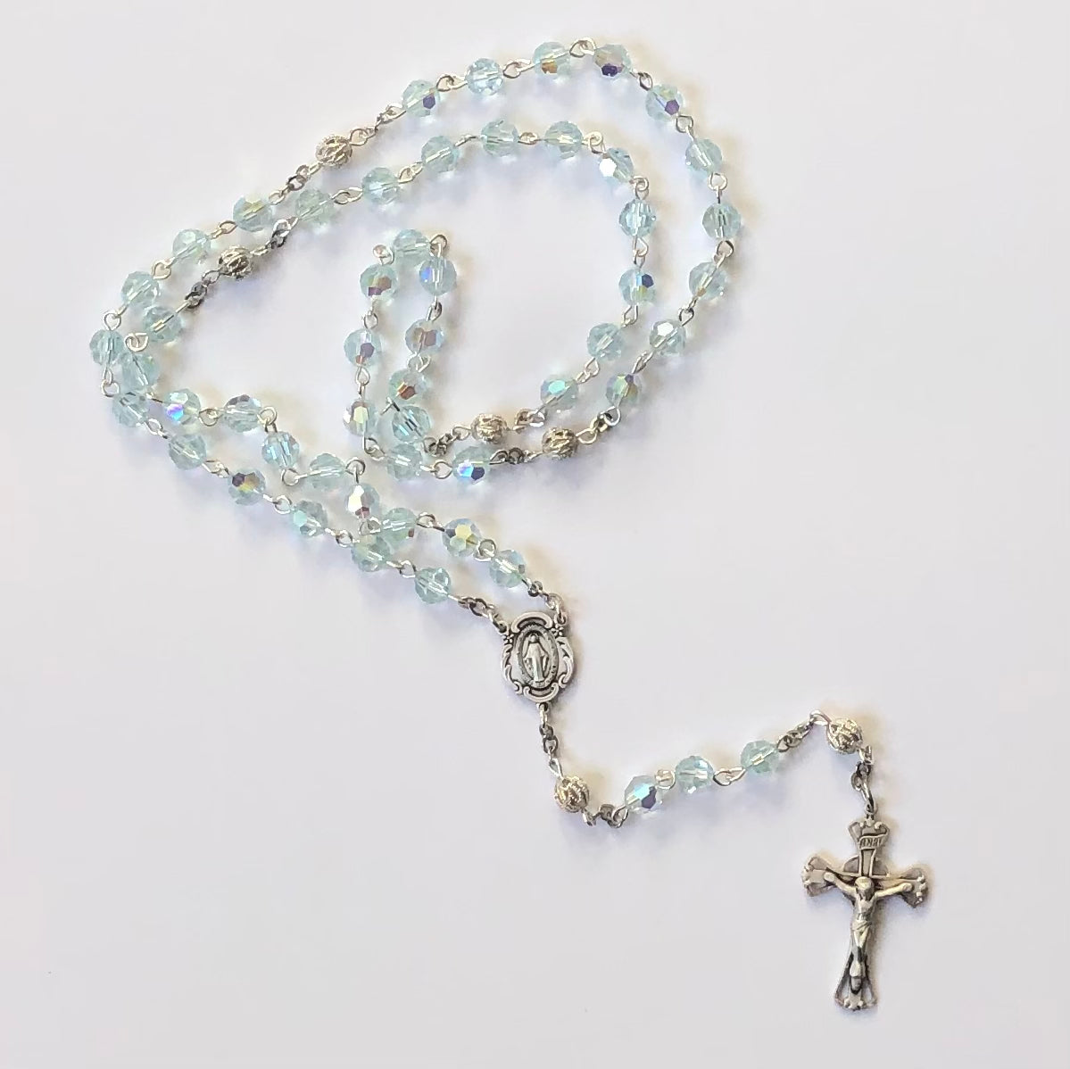 Petite Sterling Silver & Crystal Rosary- Light Blue