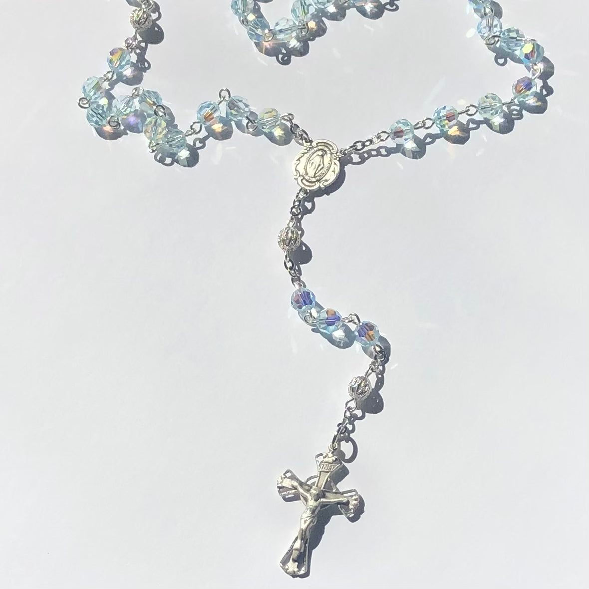 Petite Sterling Silver & Crystal Rosary- Light Blue