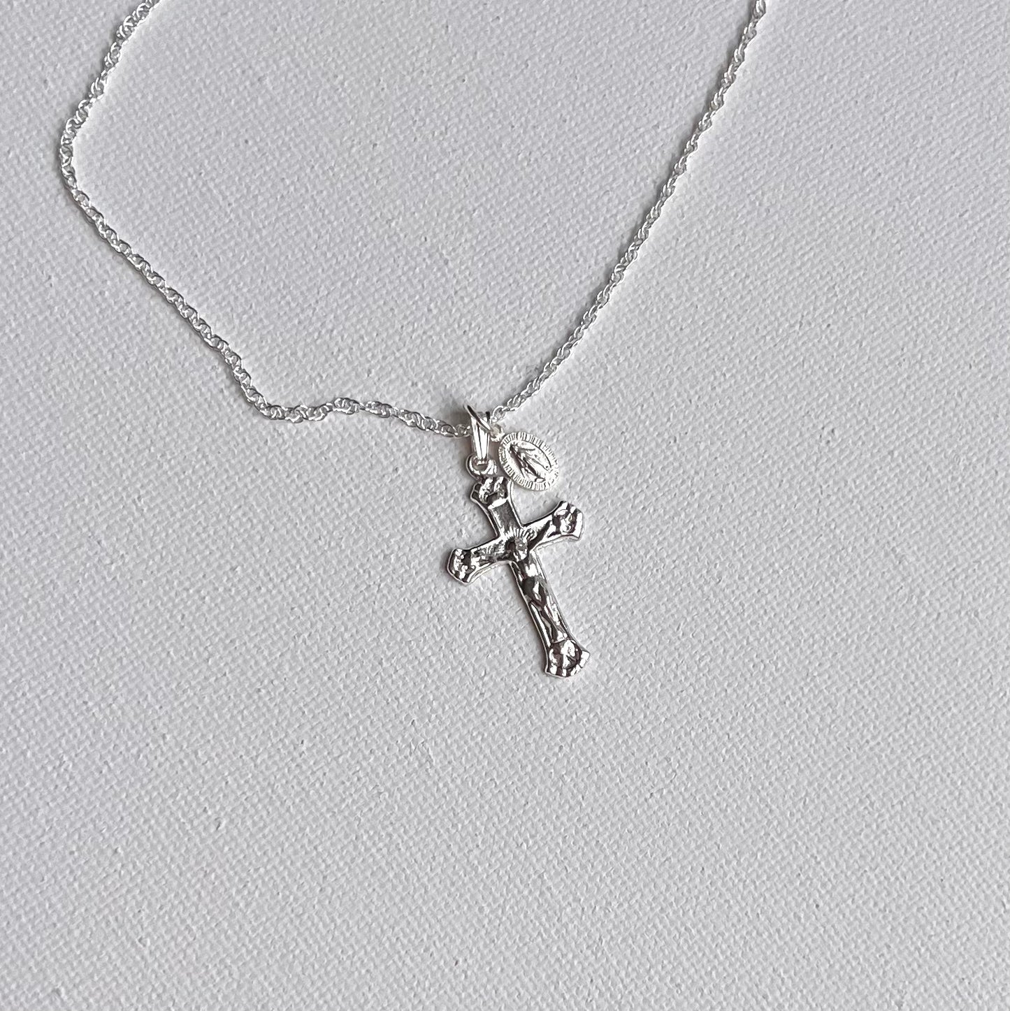 **CLEARANCE** Petite Crucifix & Miraculous Necklace- Sterling Silver