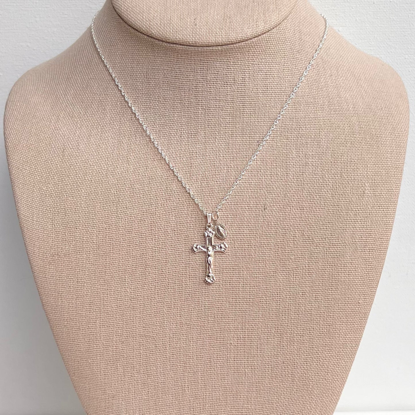 **CLEARANCE** Petite Crucifix & Miraculous Necklace- Sterling Silver